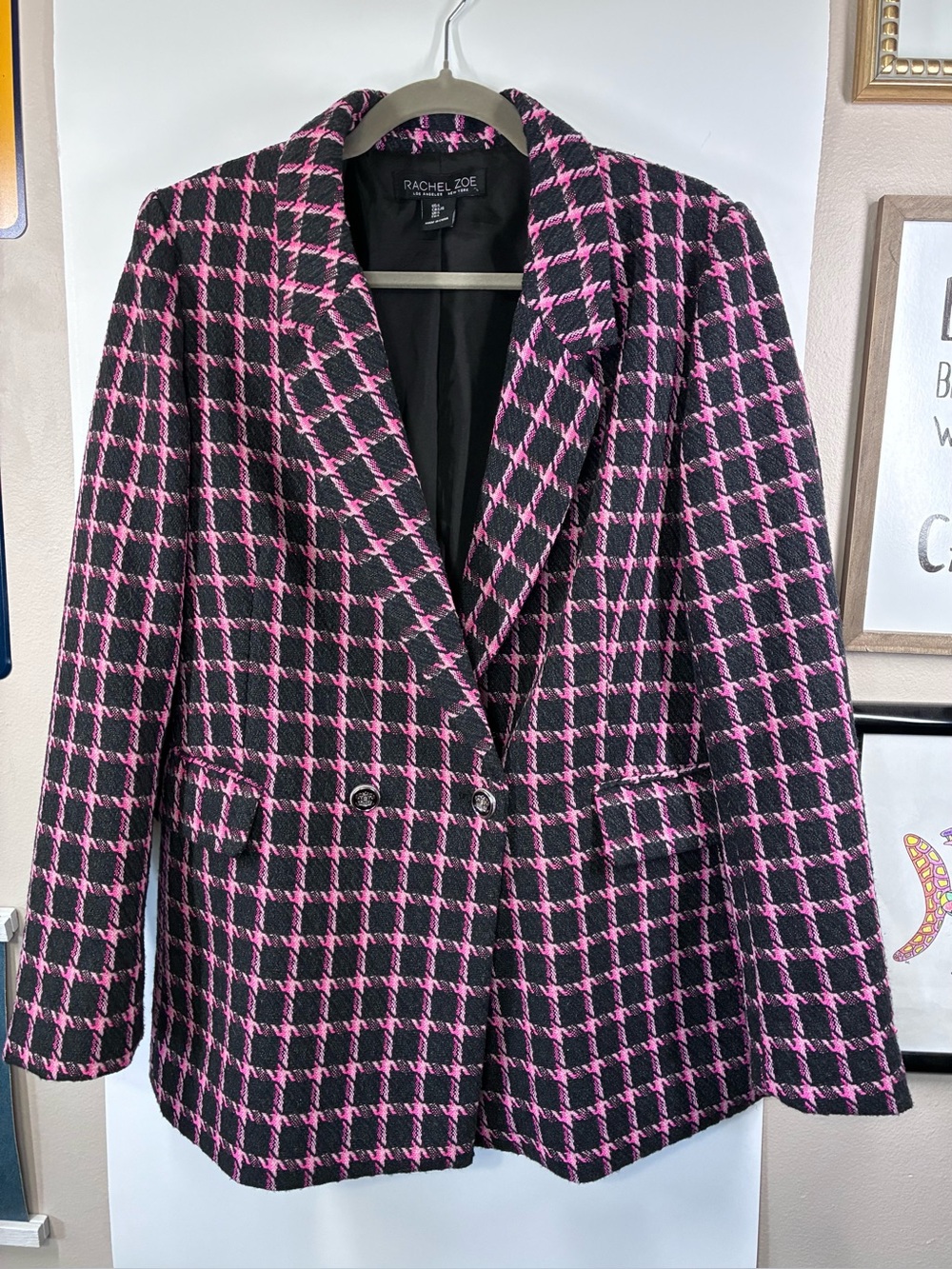 Rachel Zoe Black Pink Plaid Double Breasted Blazer Jacket Wool Blend Large